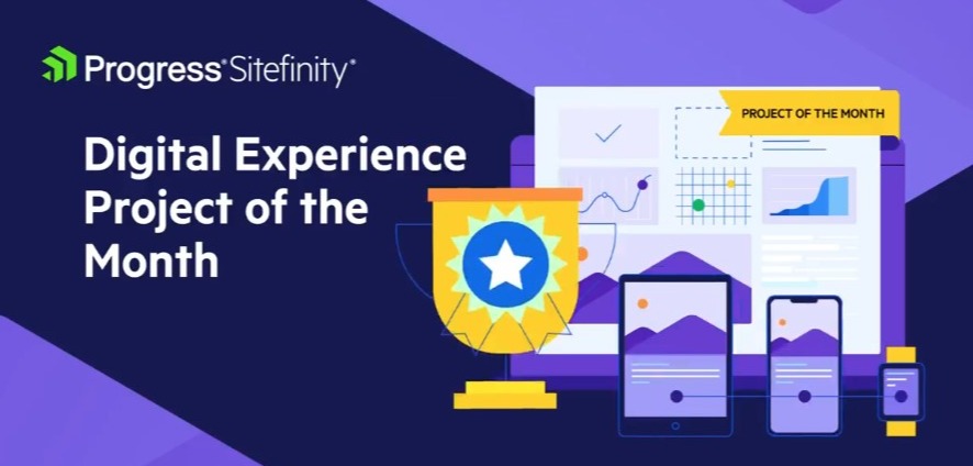 Progress Sitefinity digital experience project of the month badge with trophy, tablet and phone, and graphs