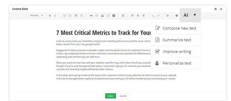 7 most critical metrics, Sitefinity 15.2 content page screenshot showing AI capabilities