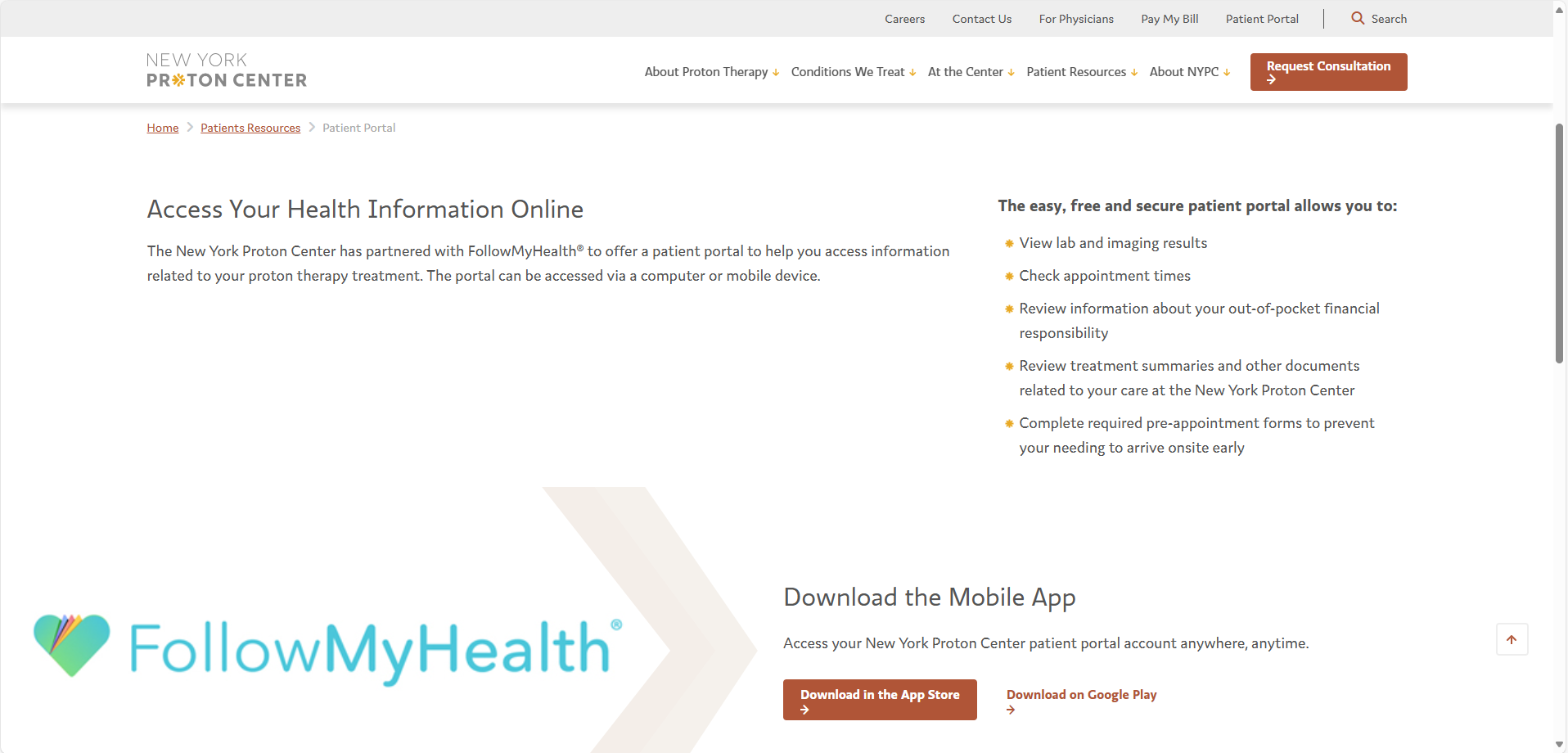 New York Proton screenshot of patient portal page on website