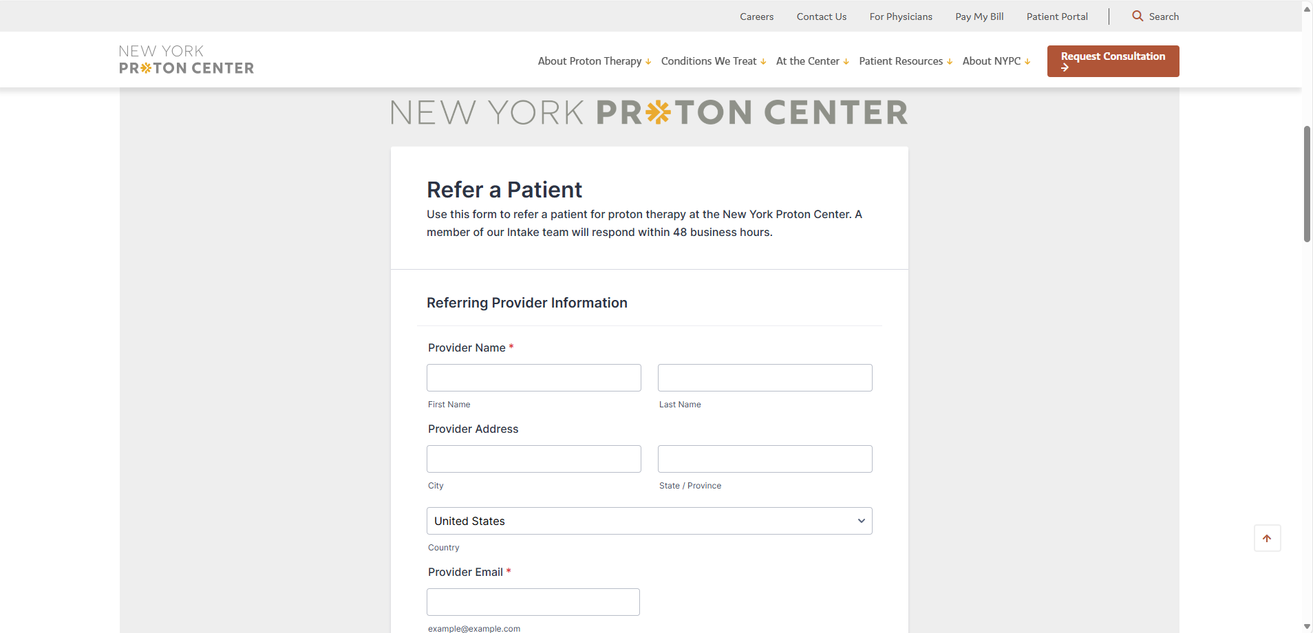 New York Proton page screenshot of refer a patient form